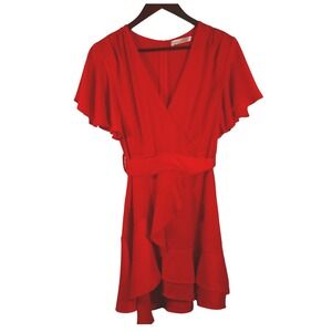 Saints‎ + Secrets Red Flutter Sleeve Wrap Ruffle Hem Tie Belt Dress Size L